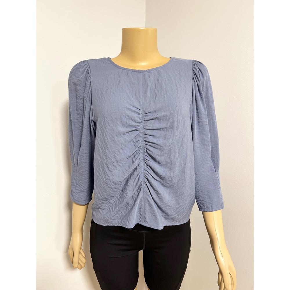 Worthington Womens Medium Blue Ruched Front Puff 3/4 Sleeve Textured Blouse Top